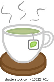 Colored mug icon on stand with hot tea bag for websites or applications.