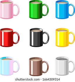 colored mugs with hot drink