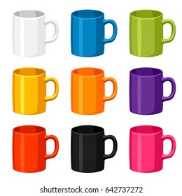 Colored mugs templates. Set of promotional gifts and souvenirs.