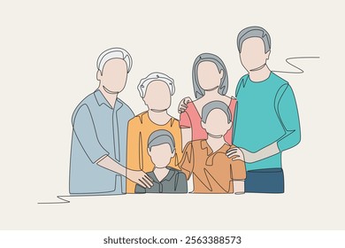 Colored multi generational families gathering concept one-line drawing