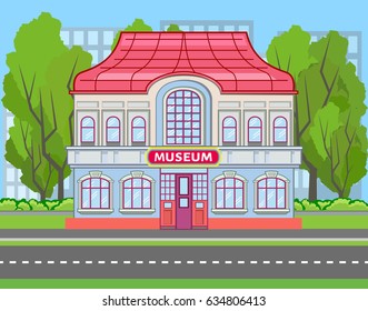 Colored museum building near the road with shrubs and city silhouette. Vector illustration in flat style with outlined stroke