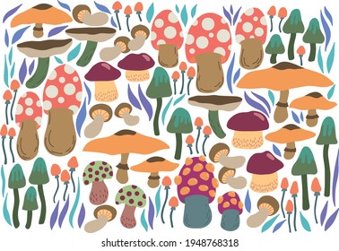 colored mushroom set in doodle style