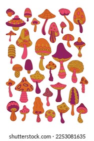 Colored mushrooms funny crazy vector set. Magic mushrooms on a white background.