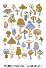 Colored mushrooms funny crazy vector set. Magic mushrooms on a white background.