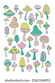 Colored mushrooms funny crazy vector set. Magic mushrooms on a white background.