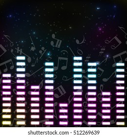Colored music background with multicolored located at bottom equalizer with notes scattered all over the field on black background vector illustration