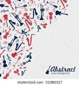 Colored music background with musical instruments on the left side on a white background vector illustration