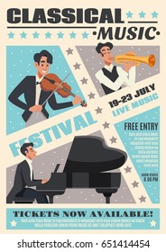 Colored music cartoon poster with classical music festival headline and description about event vector illustration