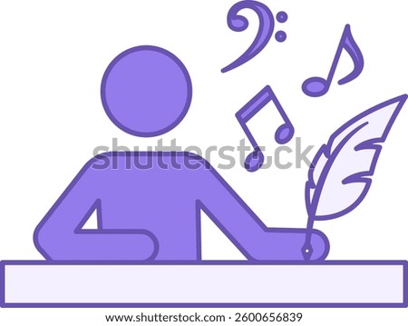 Colored Music Composer Icon. Vector Illustration. Man with Pen Writes Melody. Musical Notes. Music Concept