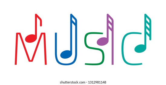 colored music logo. music word and music notes concept