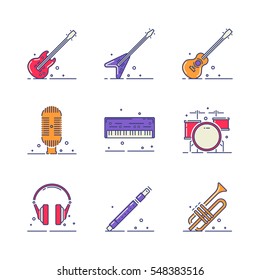 Colored musical instruments vector icons set on white background.