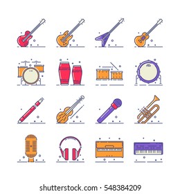 Colored musical instruments vector icons set on white background.