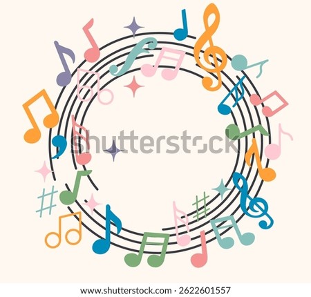 colored musical notations behind a staff in doodle style in vector. Element for design advertisement mail posts poster print postcard banner