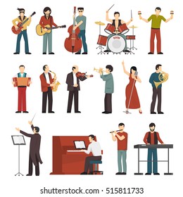 Colored musicians figures with different musical Instruments icons set of conductor guitarist singer drummer trumpet contrabass player flat isolated vector illustration  