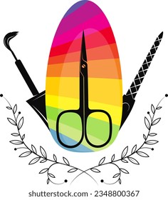 Clavo de color, archivo de uñas, tijeras y pincel. Diseño de símbolo para salón de uñas