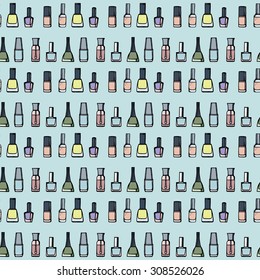Colored nail varnish seamless pattern, blue background