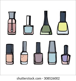 Colored nail varnish set, nine objects, white background