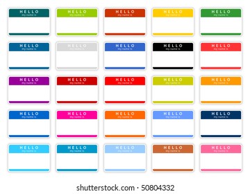 Colored name tag sticker set with shadow on white