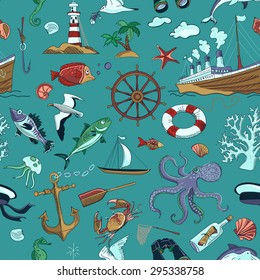 Colored Nautical or marine themed seamless pattern with ship, anchor, rope, steering wheel and ribbons