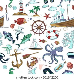 Colored Nautical or marine themed seamless pattern