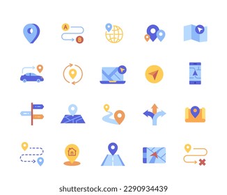 Colored navigation icons. Set of stickers for traveling by car. Simple object for sites and media. Directions elements for gadgets apps. Cartoon flat vector collection isolated on white background