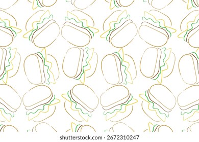 Padrão sem emenda de esboço de vetor de hambúrguer colorido e ordenadamente organizado.