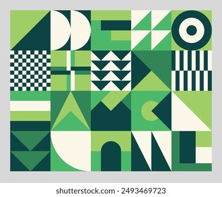 A colored neo bauhaus geometric pattern. A modern flyer grid with geometric shapes, geometric graphics and an abstract vector background set. Geometric green pattern for textile, background, graphic d