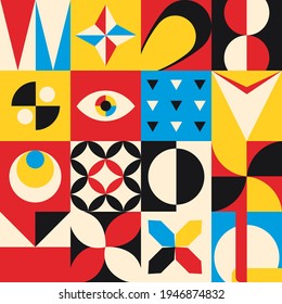 Colored neo geo background. Mid-century modern geometric seamless pattern with bold simple shapes in Bauhaus and Neo-memphis retrofuturistic style. Trendy vivid fashion print. Modern grid flyer.