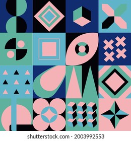 Farbiger Neo-Geo-Hintergrund. Modernes geometrisches nahtloses Muster aus dem Mittelalter mit fett schlichten Formen im Bauhaus und Neo-Memphis-Retrofuturistik-Stil. Trendy lebendiger Modedruck. Moderner Gitterflieger.
