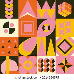 Colored neo geo background. Mid-century modern geometric seamless pattern with bold simple shapes in Bauhaus and Neo-memphis retrofuturistic style. Trendy vivid fashion print. Modern grid flyer.