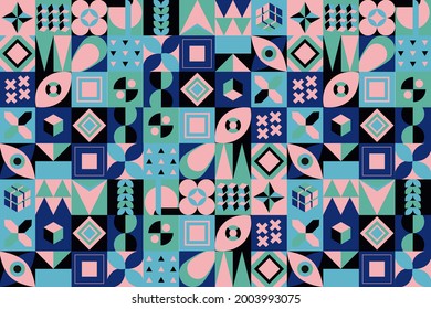 Colored neo geo background. Modern grid flyer with geometric shapes, geometry graphics. Abstract vector pattern design for web banner, business presentation, branding package, fabric print, wallpaper.