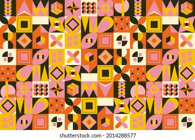 Colored neo geo background. Modern grid flyer with geometric shapes, geometry graphics. Abstract vector pattern design for web banner, business presentation, branding package, fabric print, wallpaper.