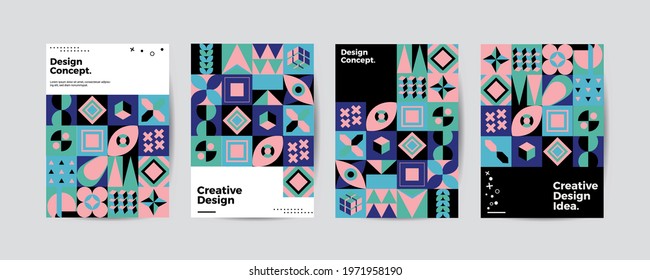 Colored neo geometric poster set. Modern grid flyer with geometric shapes, geometry graphics and abstract background vector set. Company identity brochure template collection. Neo memphis. Vector