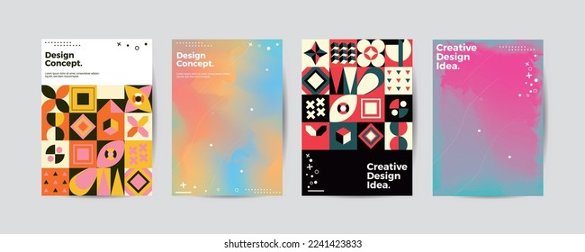 Farbiges neo-geometrisches Plakatset. Moderner Gitterflyer mit geometrischen Formen, Geometrie-Grafiken und abstraktem Hintergrund, Vektorset. Vorlage für Firmenidentitätsbroschüren Neo Memphis. Vektorgrafik