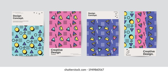 Colored neo memphis styled set of posters. Modern grid flyer with geometric shapes, geometry graphics and abstract background vector set. Company identity brochure template collection. Vector, EPS10