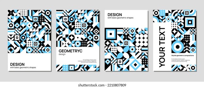 Colored neo-geo poster. Modern grid flyer with geometric shapes, geometric graphics and abstract background vector set