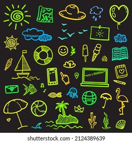 Colored neon holiday elements on isolated black background. Sketchy doodles. Summer relax. Signs and symbols