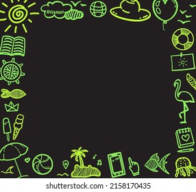 Colored neon holiday elements on isolated black background. Sketchy doodles. Summer relax