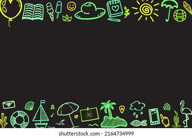 Colored neon holiday elements on isolated black background. Sketchy doodles. Summer relax