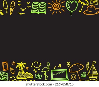 Colored neon holiday elements on isolated black background. Fluorescent signs and symbols. Sketchy doodles. Summer relax