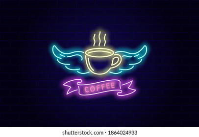 Colored neon illustration coffee cup, wings, ribbon with text on a background with bricks. Vector illustration for poster, flyer, neon sign. Advertising of coffee, shop, bar.