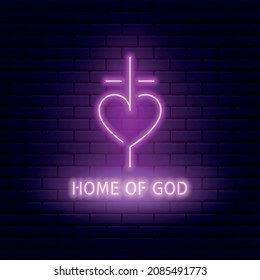 Colored neon illustration of cross, heart and text on a brick background. Design element for emblem, signboard, poster, banner. Vector illustration. Religious symbolism.