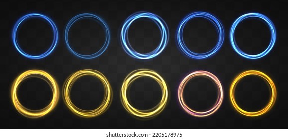 Colored neon ovals or circles for swirl shiny rings light effect. Glow luminous glitter shimmer trail. Curve light effect of multicolored line. Blurred spiral ring. Bokeh effect. Vector illustration. 