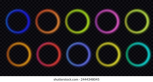 Colored neon ovals or circles for swirl shiny rings light effect. Glow luminous glitter shimmer trail. Curve light effect of multicolored line. Blurred spiral ring. Bokeh effect. Vector illustration.