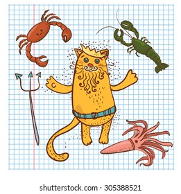 colored Neptune cat and  crab, squid, lobster drawn on sheet in notebook