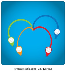 Colored network with lightbulbs and arrows on a blue background