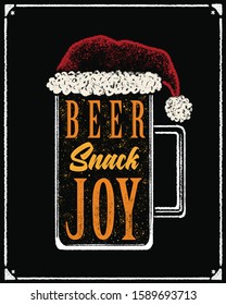 Colored New Year card hand-drawn in chalk on a blackboard. A glass of beer with a cap of Santa Claus with the text inside "beer, snacks, joy." Holiday and party funny poster.