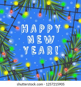 Colored New Year gift card with lanterns and fir-tree frame. Greeting card of Merry Christmas for congratulations. Beautiful Christmas, Happy New Year template with shining lights frame. Vector