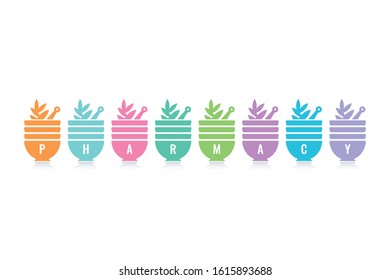 colored nine mortars and pharmacy. pharmacy concept