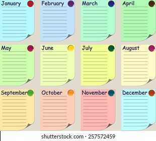 Colored note papers with twelve months. Set of vector illustrations